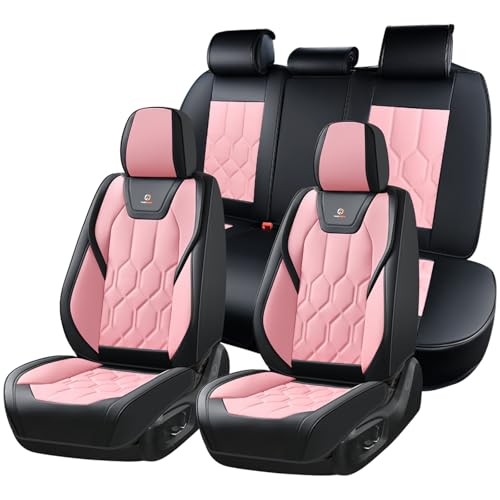 Huidasource Seat Covers Full Set, Universal Fit for Most Cars SUV Trucks, Full Coverage Leather Seat Cover, Airbag, Cupholder Compatible, Seat Function Retain, Easy Install with Velcro, Black & Pink - color: FS: Black&Pink, size: Full Set