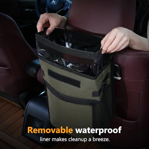 Car Trash Can with Lid, 100% Leak-Proof Removable Liner, Collapsible Automotive Garbage Bin & Organizer with Storage Pockets, Universal Fit for SUV, Truck, RV (Military Green) - color: Military Green