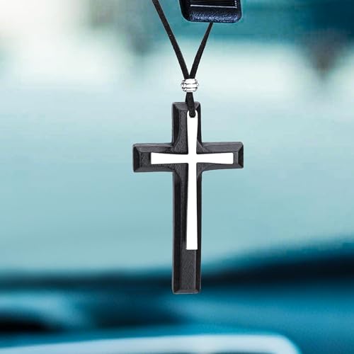 Cross for Car Mirror Hanging, Wood Cross Charms for Rear View Mirror, Car Hanging Ornament, Car Accessories Christian Accessories for Cars, Truck, Home Decor (Black) - color: Black