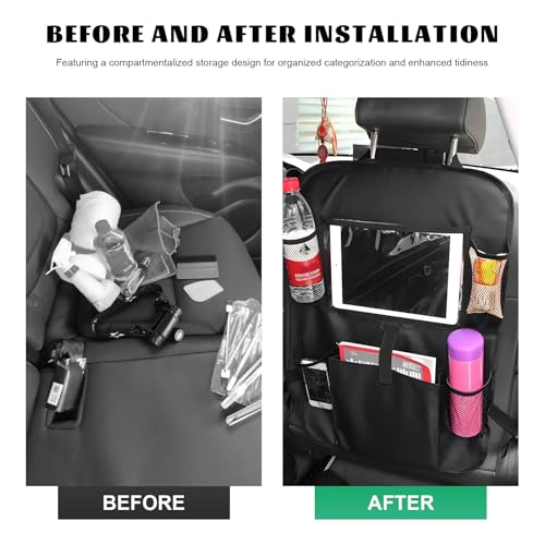 2 PCS Car Backseat Organizer, Multifunctional Seat Back Organizers with Touch Screen Tablet Holder, Waterproof Oxford Seat Back Storage Bag Kick Mats for Most Vehicles
