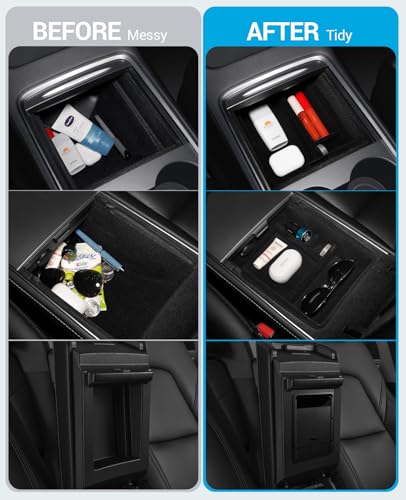 Motrobe 3PCS Tesla Model Y Model 3 Center Console Organizer Tray [Anti-Rattle Flocked] Armrest Hidden Storage Box Model Y 2021-2024 Model 3 2021-2023 Accessories [Not Fit 2024 Model 3 Highland] - size: 3PCS (For Model Y 2021-2024 & Model 3 2021-2023)