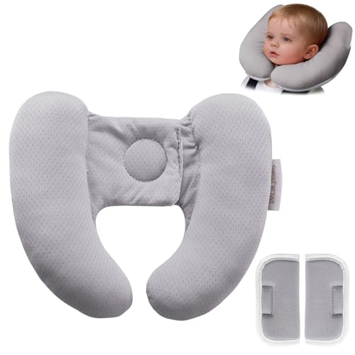 Baby Neck Pillow for Car Seat and Stroller, Adjustable Baby Head Support Pillow for Travel, Soft and Cushiony Torticollis Pillows for Infant and Newborn (Gray) - color: Gray