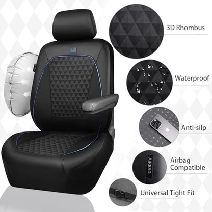Outlet Leather Car Seat Covers Gel Wetsuit PU Front Seat Cover Waterproof EVA 2pcs All Weather Neoprene Universal Fit Pickup SUV Truck Sedan Automotive, Armrest Airbag Compatible, Rhombic Blue Strip - color: Black Blue, size: Front Seats