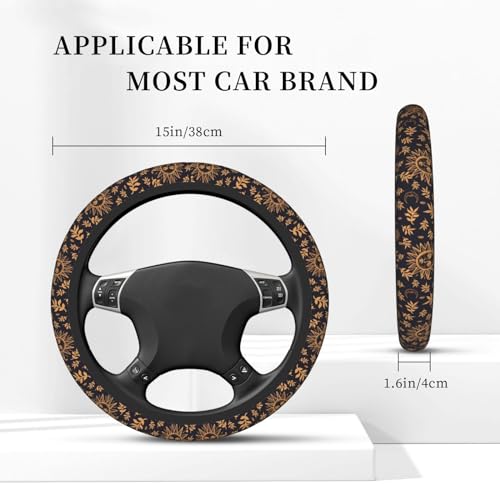 Elastic Sun Moon Leaves Car Steering Wheel Cover Protector Upgrade Thicken,Gold Boho Black,Anti Slip Durable Soft Car Interior Decor for Diverse Cars Truck SUV for Men Women Universal 15 Inch