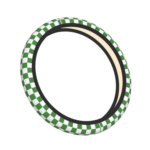Green and White Checkered Steering Wheel Cover for Women, Universal Auto Steering Wheel 14-15 Inch Car Interior Accessories with 2PCS Car Coasters, Suitable for Men and Women - color: green