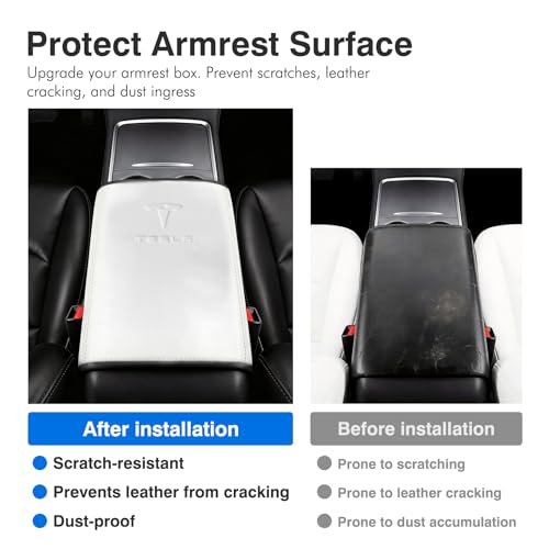 Center Console Armrest Cover for Tesla Model 3 2017-2023 & Model Y 2020-2025 with Embossed Logo& Key Card Holder | Scratch Resistant Interior Easy Install Accessories, White - color: white