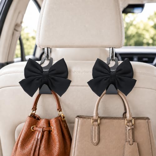 2 Pack Car Purse Holder for Handbags and Bags, Headrest Back Seat Hooks for Cars, Car Bag Hanger for Groceries, Coats, Umbrellas and Daily Essentials, Bow-Shaped Car Interior Organizer (Black silk) - color: Black silk