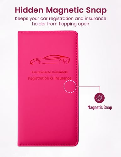 Yarnic Car Registration and Insurance Holder, Car Document Holder with Magnetic Closure, Registration and Insurance Card Holder Car Organizer Glove Box Compartment Organizer for Men Women (Hot Pink) - color: Hotpink