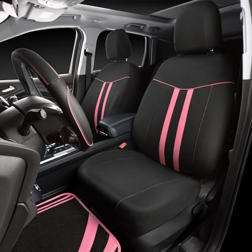 CAR PASS Car Seat Covers Full Set for Women Girls with Waterproof Car Floor Mats,Anti-Slip Leather Steering Wheel Cover,Universal Fit for SUVs,Vans,Trucks,Sedans,Cars (Combo Set,Black & Pink) - color: Black & Pink