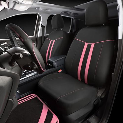 CAR PASS Car Seat Covers Full Set for Women Girls with Waterproof Car Floor Mats,Anti-Slip Leather Steering Wheel Cover,Universal Fit for SUVs,Vans,Trucks,Sedans,Cars (Combo Set,Black & Pink) - color: Black & Pink