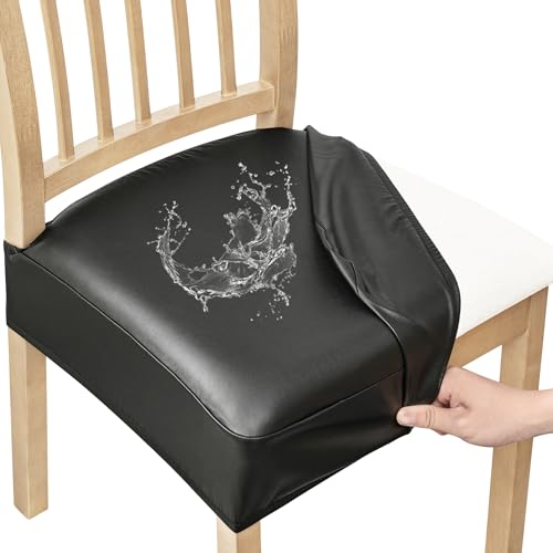Smiry Waterproof Pu Leather Seat Covers for Dining Room Chairs Set of 4, Stretch Fit Removable Washable Kitchen Chair Seat Slipcovers Protector, No Rear Covers, Black - color: Black, size: Set of 4