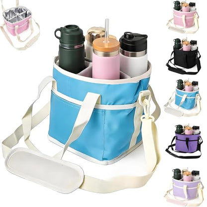 Drink Carrier Bag for 4 Cups, Insulated Drink Carrier with 4 Compartments, Portable Tumbler Holder with Adjustable Strap, Drink Caddy Tote for Coffee, Travel, Takeout & Outings (Blue) - color: Blue