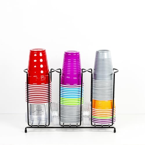 Wire Frame Cup and Lid Organizer, 3 Compartment Metal Rack Design Storage Holder for Plastic, Coffee Beverage Cups