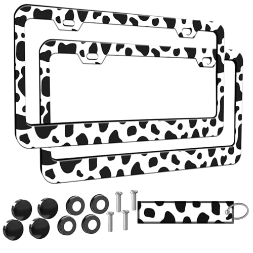 2pcs Cow White Black spot License Plate Frame for Women, Animal Cow Print car Decorative tag Frames Girly, Cute Metal License Plate Cover Holder for Vehicle with Double Sided car Keychain tag - color: for animal cow print white black spot, size: 2pcs