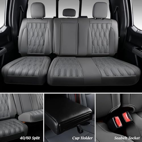 Coverado Rear Leather Seat Covers for Ford F150 2015-2026, F250 F350 F450 2017-2026, Car SUV Pickup Truck Seat Protection, Gray