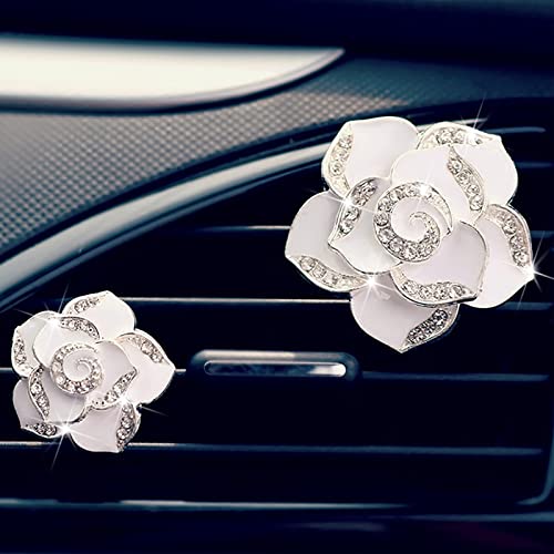 2 Pcs Camellia Air Vent Clips, Cute Flower Car Air Freshener Clip, Bling SUV Outlet Decorations, Crystal Rose Vent Diffuser, Charm Car Inter Decor Accessories for Women Girls - color: White Camellia