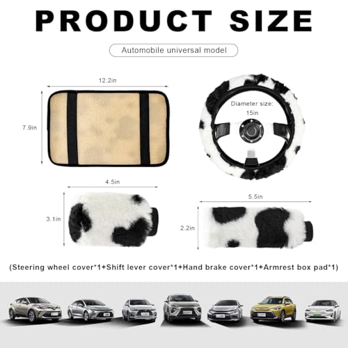 4 PCS Cow Print Car Accessories Set, Fluffy Cow Print Plush Steering Wheel Cover, Gear Shift Cover, Warm Fuzzy Console Armrest Pad & Handbrake Cover, Car Decoration Accessories