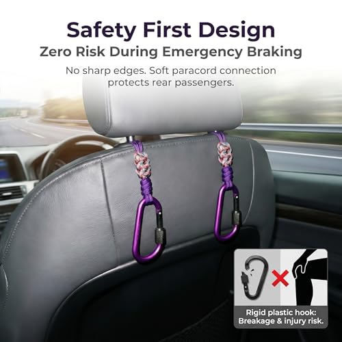 Car Seat Back Hooks 2 Pack - Heavy Duty Rope & Metal Buckle Car Hangers, No Wobble Multi-Purpose Organizer for Grocery Bags, Backpacks, Umbrellas, Trash Bags (Fit Most Vehicles) Purple - color: Purple
