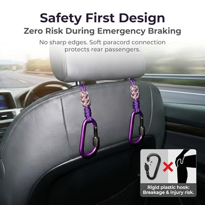 Car Seat Back Hooks 2 Pack - Heavy Duty Rope & Metal Buckle Car Hangers, No Wobble Multi-Purpose Organizer for Grocery Bags, Backpacks, Umbrellas, Trash Bags (Fit Most Vehicles) Purple - color: Purple