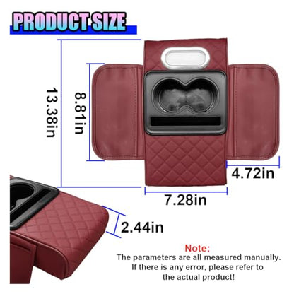 Leather Car Center Console Cover, Universal Automotive Armrest Booster Cushion, Vehicle Middle Console Organizer with 2 Cup Holders, Side Storage Bag, Tissue Box & Phone Slot(Burgundy) - color: Burgundy