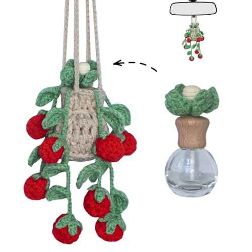 ROFIGL Handmade Crochet Hanging Car Air Freshener - Sweet Cherry Charm with 12ml Refillable Glass Essential Oil Bottle, Cute Car Accessories for Women & Bedroom Floral Decor - style: Raspberry