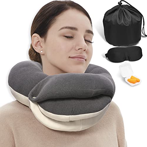 BUYUE Travel Neck Pillows for Airplanes, Memory Foam 360° Head Support Sleep for Long Flight, Skin-Friendly & Breathable, Kit with Eye Mask, Earplugs and Storage Bag (Adult, Grey, 90+ lbs) - color: Grey, size: Adult