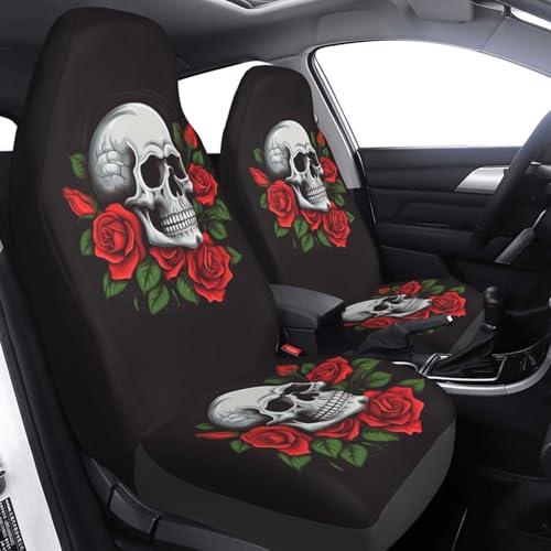 Dujiea Skull with Roses Car Front Seat Covers 2 Pcs Universal Auto Seat Covers Front Seats Only, Vehicle Bucket Seat Protectors Fit for Most Car SUV Sedan and Truck - color: Skull With Roses