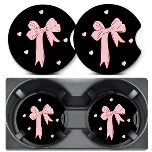 2 Pack Car Coasters for Cup Holders,Pink Bow Car Cup Holder Coasters,2.75" Universal Size Anti Slip Rubber Mat,Automotive Interior Accessories,Car Cup Holder Decor,Gifts for Women Men Mom Girl Wife - color: Pink Bow