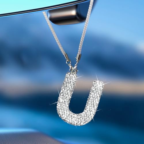 Bling Car Accessories for Women Letter Charm, Rear View Mirror Ornament Cute Hanging Crystal Pendant Girl Car Decorations, Lucky Diamond Rhinestone Girly Charm Interior (White U) - color: White U