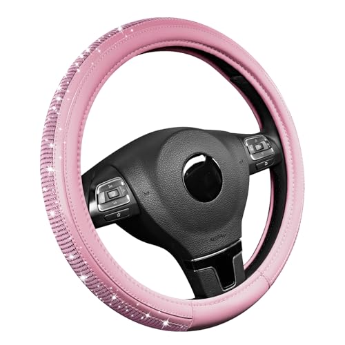 Road Comforts Bling Steering Wheel Cover – Pink Diamond Design, Universal Fit 14.5-15 Inch, Microfiber Leather, Anti-Slip & Breathable Design for Men and Women - color: Pink & Pink
