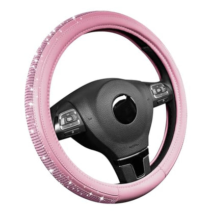 Road Comforts Bling Steering Wheel Cover – Pink Diamond Design, Universal Fit 14.5-15 Inch, Microfiber Leather, Anti-Slip & Breathable Design for Men and Women - color: Pink & Pink