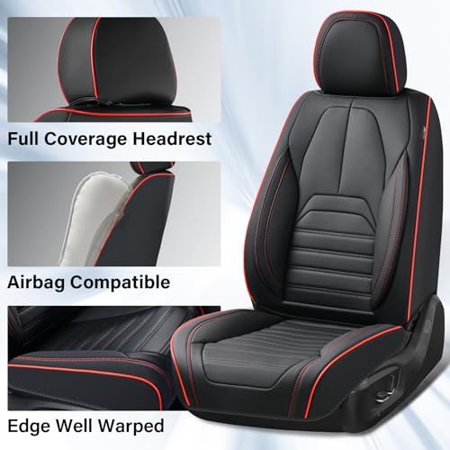 Coverado Car Seat Covers Full Set, Black Redline Seat Covers for Cars, Automotive Seat Covers, Waterproof Nappa Leather Front Seats and Back Car Seat Protector, Universal Fit for Most Cars SUV Trucks - color: Black-Red, size: FullSet