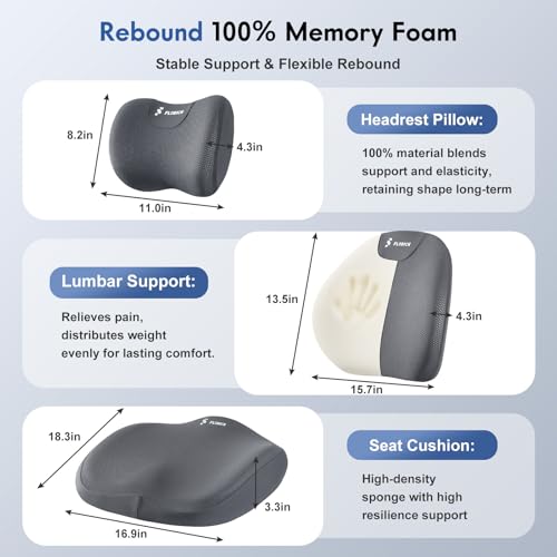 Seat Cushion and Lumbar Support Pillow for Office Chair Car, Car Neck Pillow, Ergonomic Memory Foam Back Support for Office Gaming Chair Wheelchair, Relieves Neck, Back & Sciatica Pain – Gray - color: Gray, size: Seat Cushion&Lumbar Pillow&Headrest Pillow