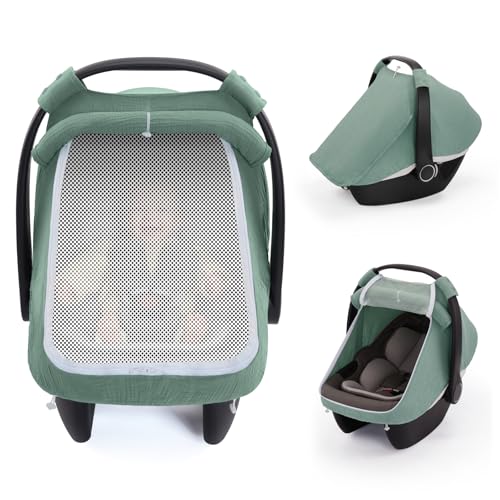 Blissful Diary Baby Car Seat Cover, Extra Large Mesh Window, Breathable Muslin Cotton, Infant Windproof Canopy, Must-Have Baby Gift - Roman Green - color: Roman Green