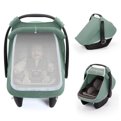 Blissful Diary Baby Car Seat Cover, Extra Large Mesh Window, Breathable Muslin Cotton, Infant Windproof Canopy, Must-Have Baby Gift - Roman Green - color: Roman Green