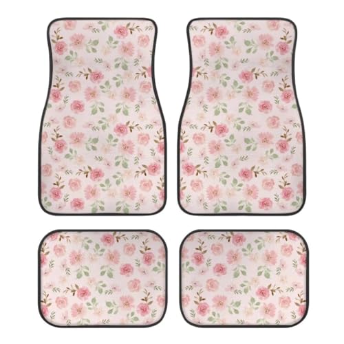 White Light Pink Flowers Print Floral Car Floor Mats Suitable for Cars SUVs Trucks,All Weather Front & Rear Automotive Floor Mats,Universal Fit Design，4 Pieces - color: White LightPink Flowers