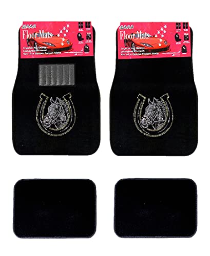 Universal Fit Car Truck Front/Rear 4-Piece Full Set Crystal Bling Rhinestone Studded Black Carpet Floor Mats (Horse Shoe/Black) - color: Horse Shoe/Black