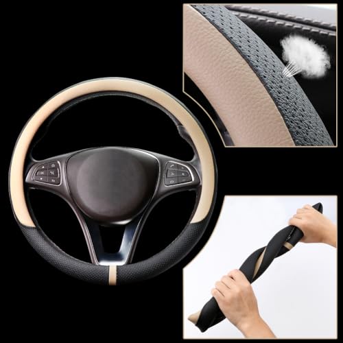 Breathable Car Steering Wheel Cover 15 inch Auto Universal Leather Wrap Non-Slip Steeringwheel Protector Automotive Interior Accessories, Beige (Suit for 14 1/2-15 inch) - color: A-Beige, size: M (14.5"-15")