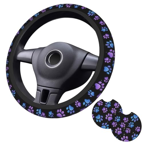 Paw Prints Steering Wheel Cover - Purple Dog Paws Steering Wheel Cover Women Men Car Cup Holder Pad 2 Pack Decor Anti-Slip Auto Neoprene Universal 15 Inch Steering Wheel
