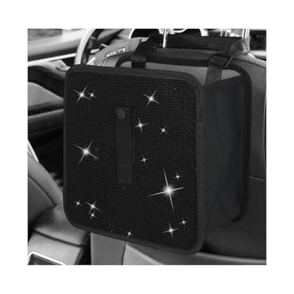 Car Foldable Trash Can, Bling Rhinestone Oxford Garbage Container Hanging Waterproof Organizer, Mini Crystal Dustbin Waste Basket Leakproof Trash Bin for Car Office Kitchen (Black) - color: Black