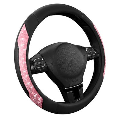 PIC AUTO Steering Wheel Cover, Hot Pink Sparkly Crystal Bling Glitter with Leather, Universal Fit 14.5"-15.5" Car Steering Wheels for Girls & Women, Anti-Slip Wheels Cover for Cars, Trucks, Van, SUVs - color: Hot Pink Glitter