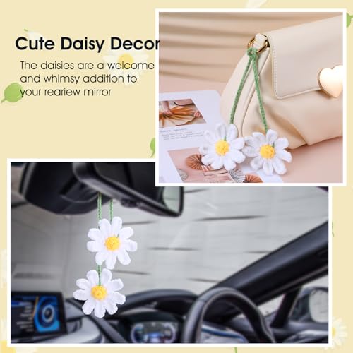 Ymapinc Crochet Car Accessories, Cute Hanging Rear View Mirror Decor Daisy Flower Charm for Women Handmade Knitted BOHO Aesthetic Pendant(Cotton)