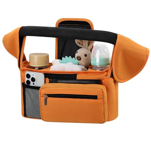 Accmor Universal Stroller Organizer with Insulated Cup Holder Detachable Phone Bag and Shoulder Strap,Stroller Bag Caddy Organizer Fits for Uppababy, Baby Jogger, Britax Strollers - color: All Orange
