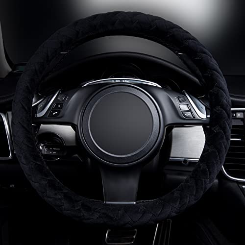 Flying Banner car Steering Wheel Cover Soft Velvet Warm Universal Size 15 inches SUV Truck Anti Slip Odorless Summer Winter (Black, Velvet Massage) - color: Black