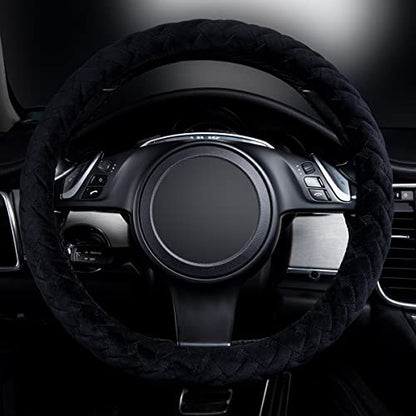 Flying Banner car Steering Wheel Cover Soft Velvet Warm Universal Size 15 inches SUV Truck Anti Slip Odorless Summer Winter (Black, Velvet Massage) - color: Black