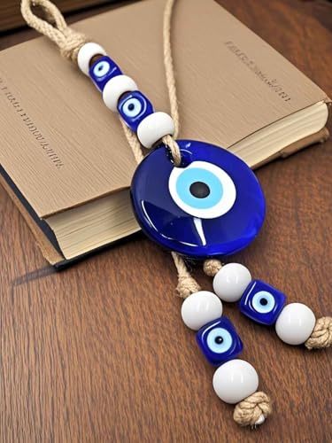 Blue Glass Evil Eye Turkish Greek Nazar Amulet Good Luck Charm - Handmade Hanging Ornament for Home, Office, Car Decoration, Garden, Blessing Ornament, Reflects Negative Energy (Large)