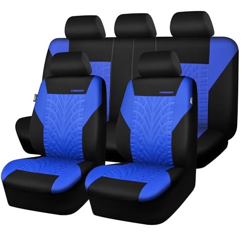 CAR PASS Car Seat Covers Full Sets, Front & Split Rear Bench for Car, 3D Tyre Embossed Automotive Interior Covers, Airbag Compatible, Quick Setup Universal Fit Seat Covers for Car, SUV(Black Blue) - color: Blue, size: Full sets
