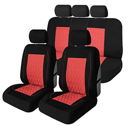 Universal Fit Diamond Stitched Flat Cloth Car Seat Covers Full Set - Red - color: Red