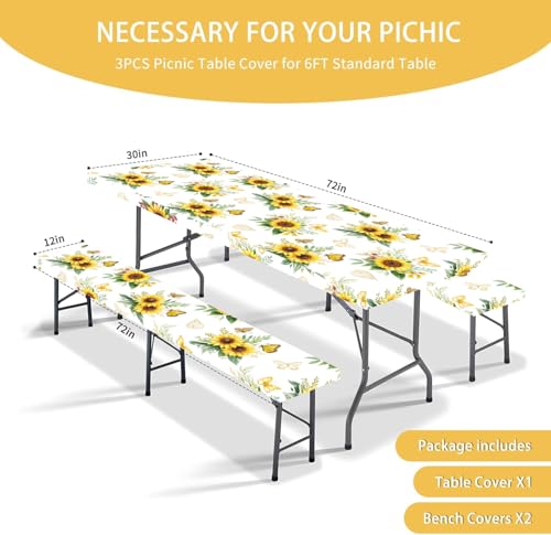 Sunflowers Table Cover with Bench Covers Waterproof Windproof Elastic Fitted Outdoor Camping RV Tablecloths with Drawstring Bag Reusable Rectangle Rectangle Tables and Seats Cover 30X96IN - color: Yellow, size: 30" x 96" (Rectangular)