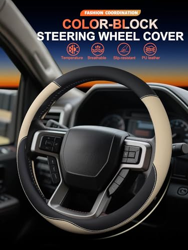 Leather Steering Wheel Cover for Ford F150/F250/F350, 15.5-16 Inch Truck Steering Wheel Grip, Breathable & Anti-Slip, Premium Semi Car Accessories (Beige) - color: Beige